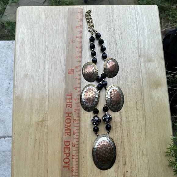 Vintage Brass Copper‎ Silver Tone Avant Garde Bib Necklace Pressed Etched 24" - Picture 9 of 11